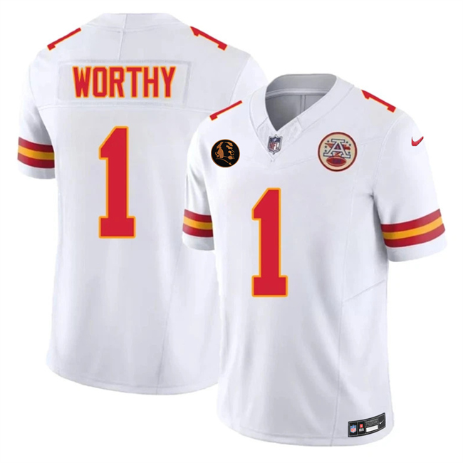 Men’s Kansas City Chiefs #1 Xavier Worthy White 2025 F.U.S.E. John Madden Patch Vapor Untouchable Limited Stitched Football Jersey